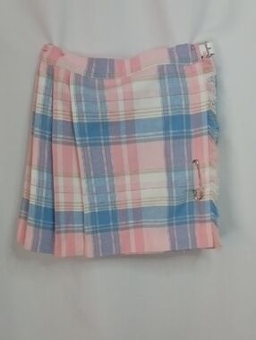 80s St Michael Pastel Pink, Blue, White & Tan Kilt Style Pleated Skirt.